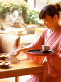 In the lobby, Japanese tea is served with sweets